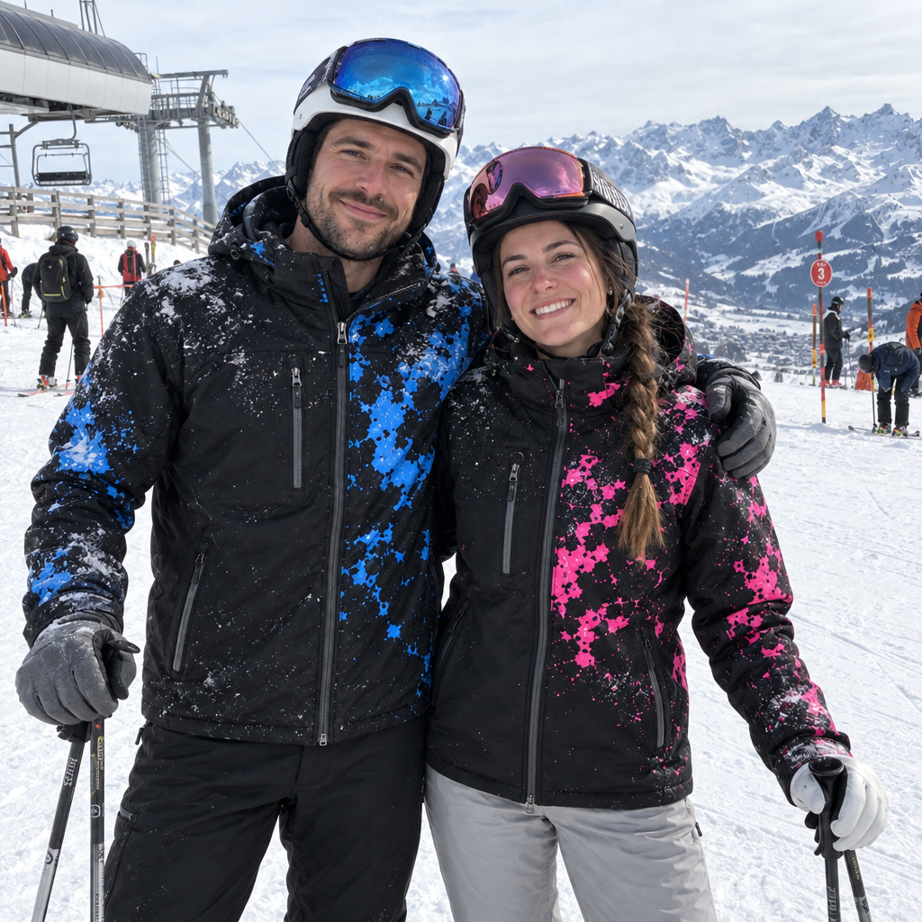 Couple au sommet des pistes en vestes CameleonSnow bleue et rose