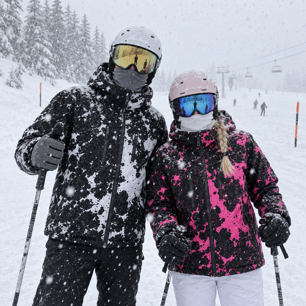 Deux skieurs sous la neige en vestes CameleonSnow Blanc Glacier et Rose Néon