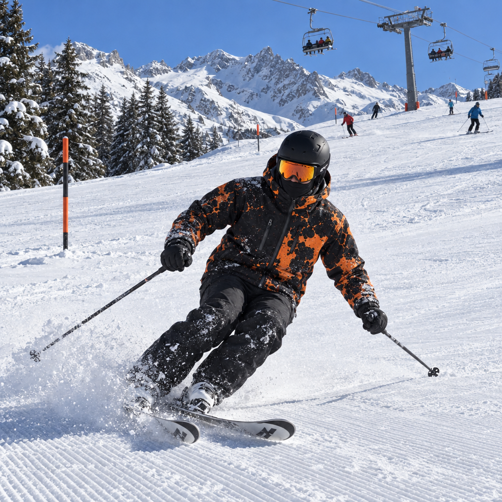 Skieur en plein virage en veste CameleonSnow Orange Blaze