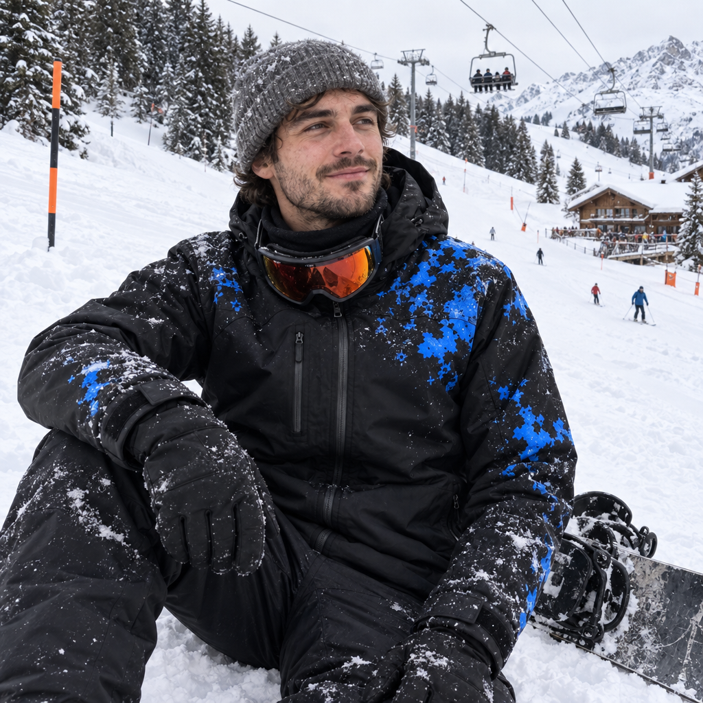 Snowboardeur assis dans la neige en veste CameleonSnow Bleu Arctique
