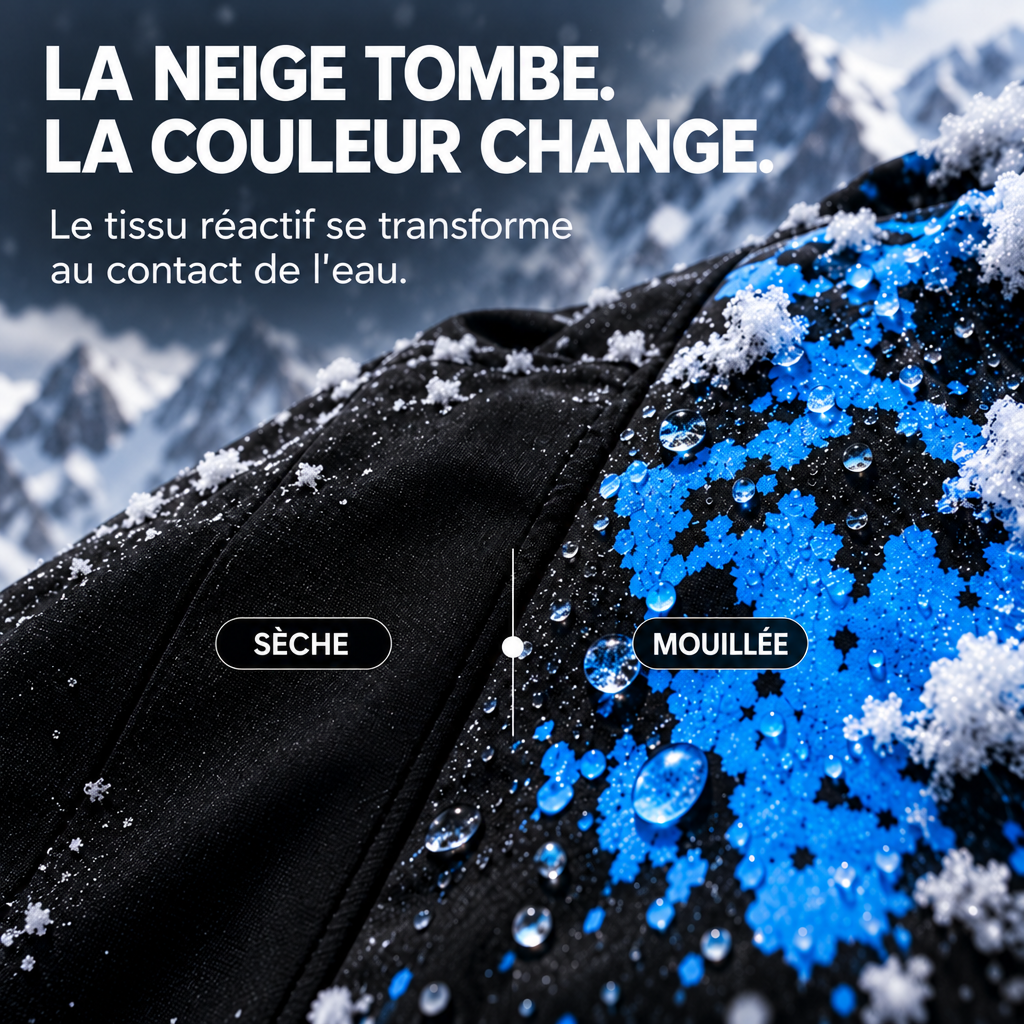 Tissu sec noir et tissu mouillé bleu : la couleur change au contact de l'eau