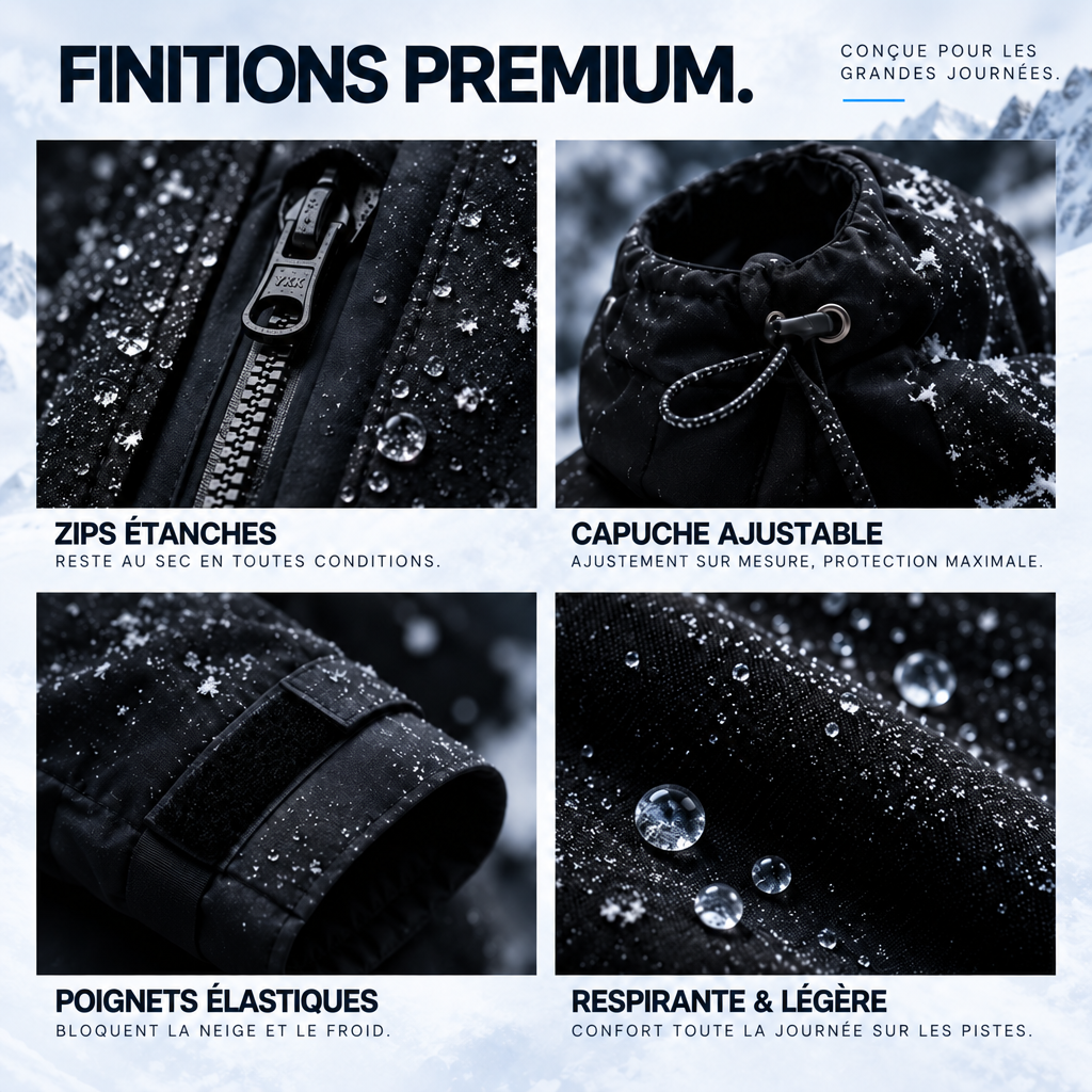 Finitions : zips étanches, capuche ajustable, poignets élastiques