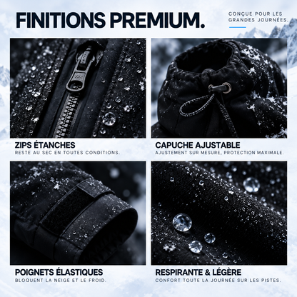Finitions : zips étanches, capuche ajustable, poignets élastiques