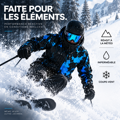 Veste CameleonSnow portée en ski, imperméable et coupe-vent