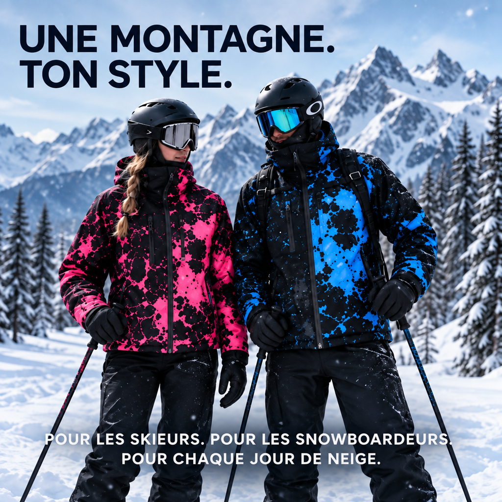 Couple de skieurs en veste rose néon et bleu arctique