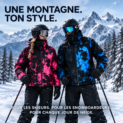 Couple de skieurs en veste rose néon et bleu arctique