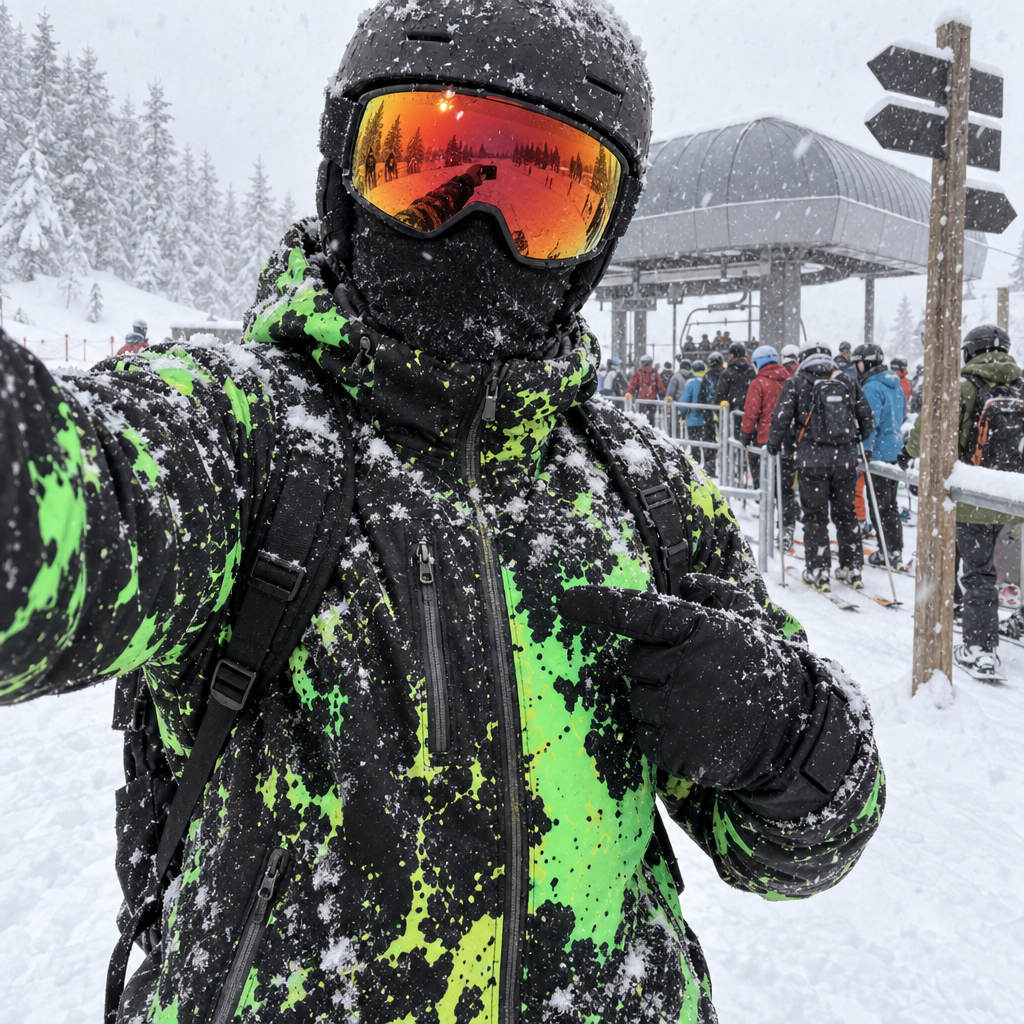 Selfie d'un skieur en veste CameleonSnow Vert Électrique couverte de neige