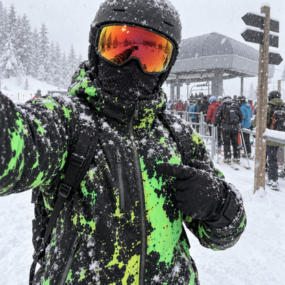 Selfie d'un skieur en veste CameleonSnow Vert Électrique couverte de neige