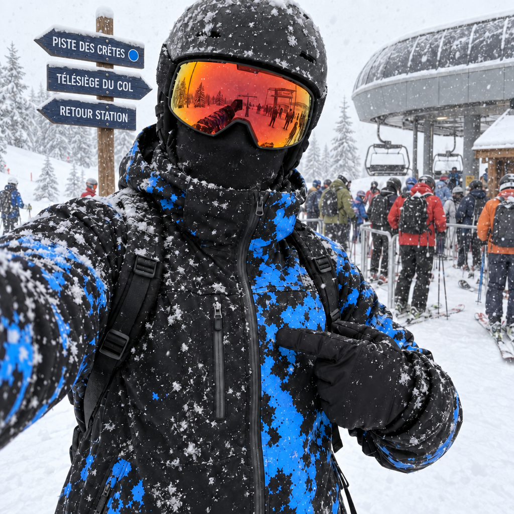 Selfie d'un skieur en veste CameleonSnow Bleu Arctique couverte de neige
