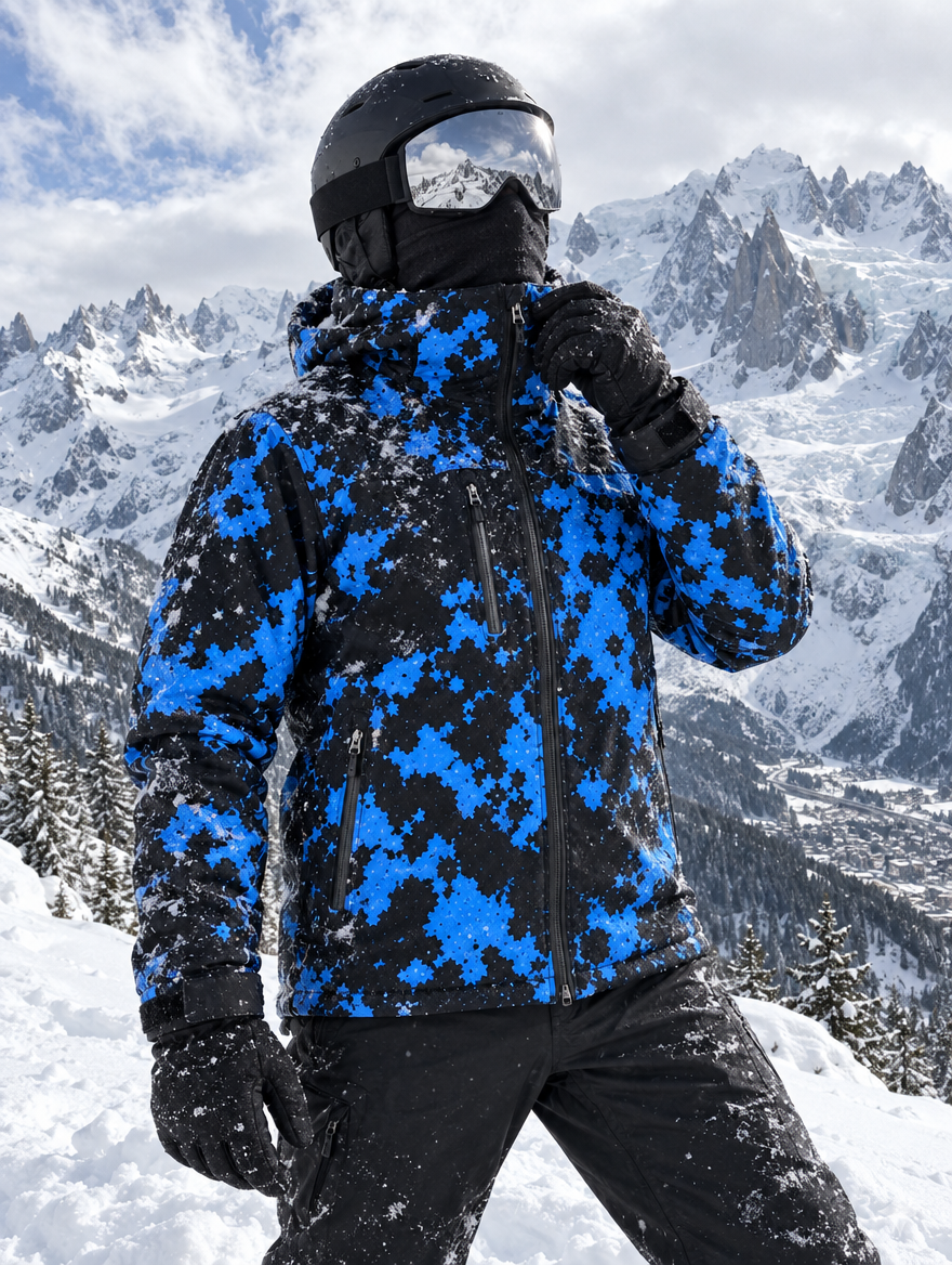 Skieur à Chamonix en veste CameleonSnow Bleu Arctique